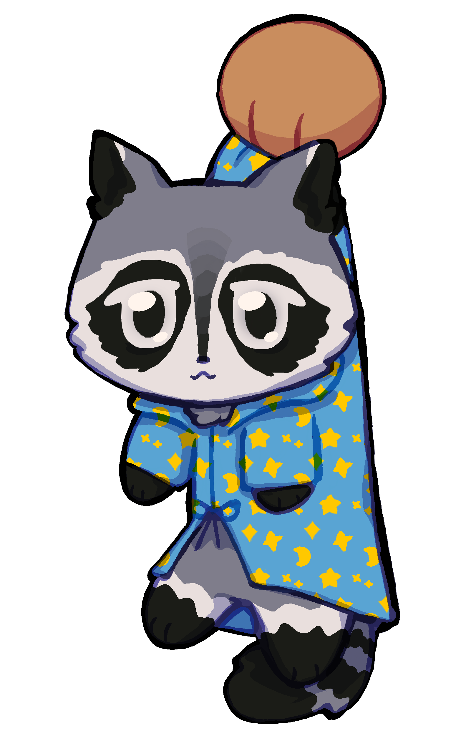 raccoon georgie in her wizard costume being held up by the scruff